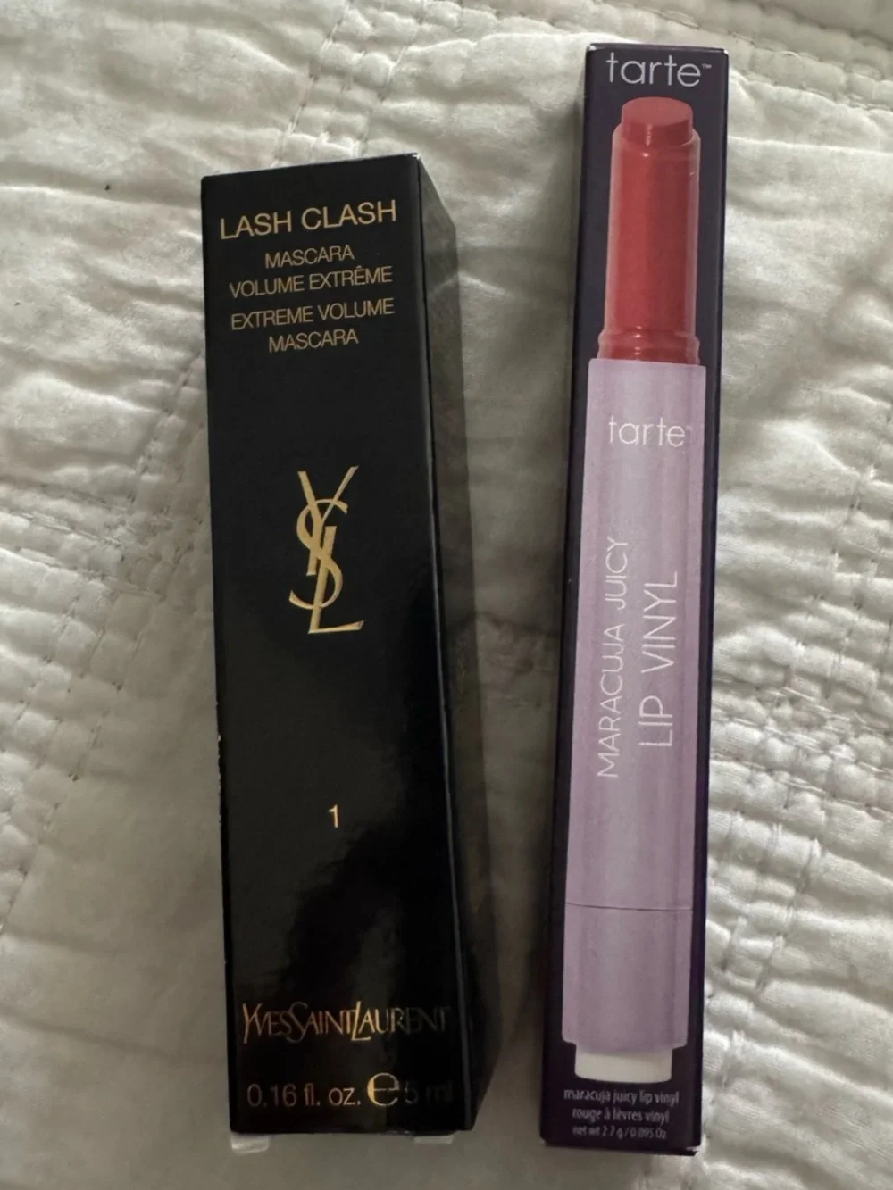 YSL Lash Clash Mascara in Black and Tarte maracuja lip vinyl Hibiscus 🌺